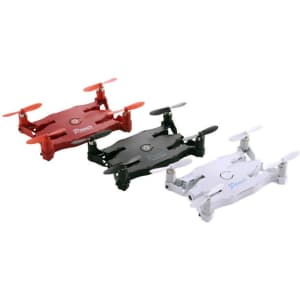 A foldable drone available in red, black, and white, featuring a compact design and propellers.