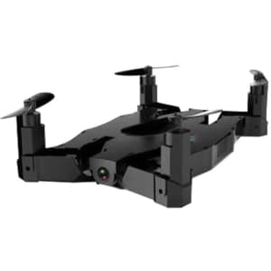 A foldable black drone with four rotors, featuring a compact design and a camera lens.