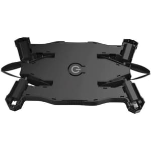 A black foldable drone with four propeller arms, featuring a central logo, designed for compact storage.