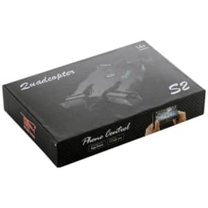 A foldable black drone in a box labelled "Quadcopter S2," featuring a logo and phone control capabilities.