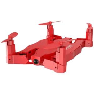 A red foldable drone with four propellers, compact design, and a small camera feature. It has a logo on it.
