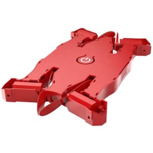 A red foldable drone with a central power button and sleek design, showcasing compact portability.
