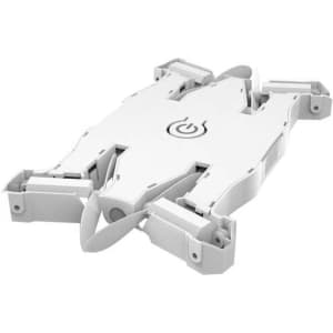 A foldable drone in white with propellers and a central power button, showcasing a compact design.