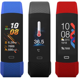 A smart band available in blue, black, and red, featuring a digital display with various metrics and a logo.