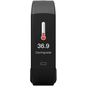 A black Kelvin Smart Band with a digital display showing a temperature reading in degrees Celsius. It has a textured strap.