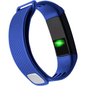 A blue smart band with a black display and a textured strap, featuring a logo on one side.