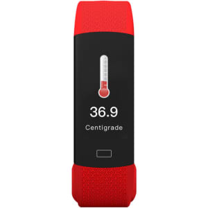 A red Kelvin Smart Band with a black display showing a temperature reading and a thermometer icon.