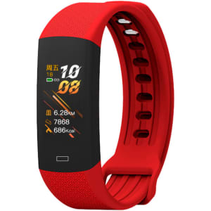 A red fitness band with a digital display showing various metrics. It has a textured strap and a branding logo.