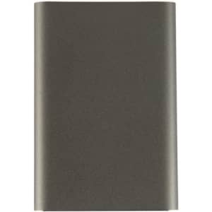 A dark grey USB 3.0 hard drive with a smooth finish and a slim design, featuring a logo.