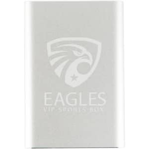 A silver USB 3.0 hard drive featuring a logo on the front, sleek and compact in design.