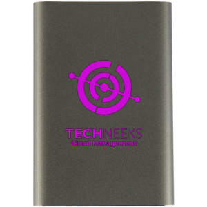 A grey USB hard drive with a circular logo and branding. The design is sleek and modern.