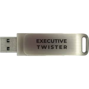 A silver flash drive with a twist design and a branding logo. It features a USB 3.0 connection for technology use.