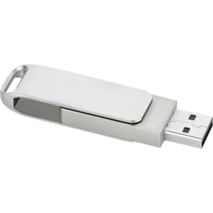 A silver USB flash drive with a twist mechanism and a logo on the side.