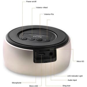 A silver wireless speaker with controls on the top and various input/output ports on the back. It has a logo.