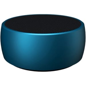 A round, turquoise wireless speaker with a textured black top and a smooth, curved body.
