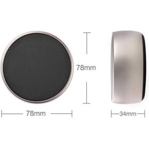 A round silver wireless speaker with a black mesh surface, featuring dimensions of 78mm by 34mm.
