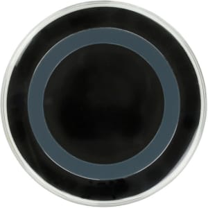 A round, black wireless charger with a grey accent ring and a sleek, glossy surface. Features a branding logo.