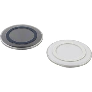 A round wireless charger in black and white with a metallic border, featuring a logo on the centre.