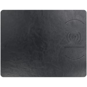 A black wireless charging mouse pad with a textured surface and an embedded charging symbol. Features a logo.