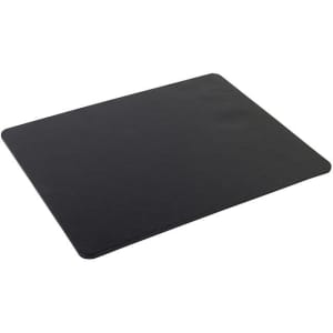 A black wireless charging mouse pad with a sleek design and rounded edges. It features a logo on the surface.