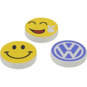Three round custom moulded wireless chargers in yellow with smiley face designs and a blue Volkswagen logo.