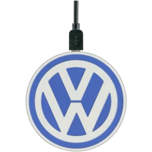 A round blue and white wireless charger featuring a logo, with a black charging cable attached.