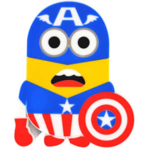 A custom moulded wireless charger in blue and yellow, shaped like a cartoon character with a shield.
