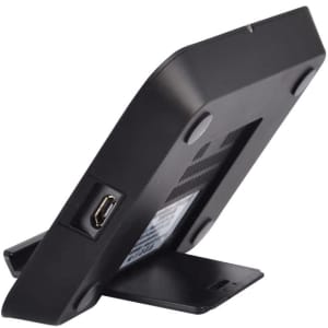 A black wireless charger stand with a sleek design, featuring a USB port on the back and a sturdy base.