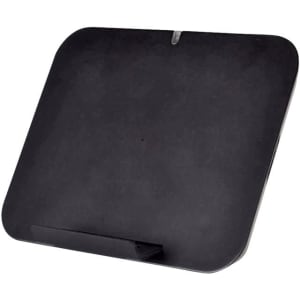 A black wireless charger stand with a sleek, flat design and a small slot for device placement. It features a logo.