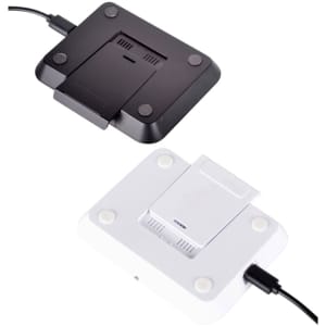A wireless charger stand featuring a black and white design, with a sleek, modern shape and USB connection.