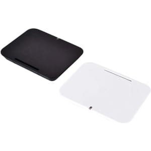 A black and a white wireless charger stand are displayed side by side, featuring a sleek, minimalist design.