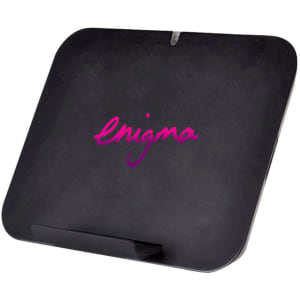 A black wireless charger stand with a sleek design and a branded logo in pink.