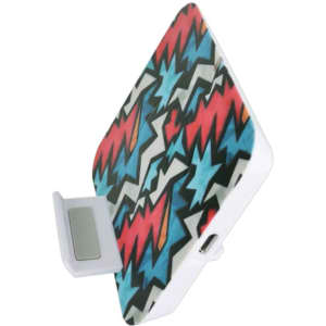 A wireless charger stand featuring a vibrant design in red, blue, and white zigzag patterns. It includes a branding logo.