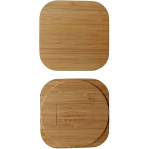A bamboo wireless charger in a square shape with rounded edges, featuring a subtle logo on the surface.