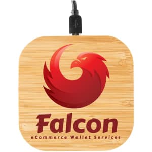 A bamboo wireless charger featuring a red and black logo design. It has a square shape with a charging cable connected.