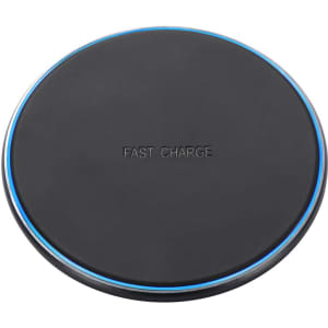 A black wireless charger with a blue LED ring and a smooth surface. It has a branding logo on it.