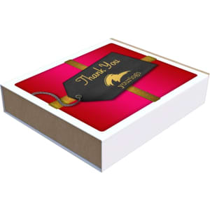 A gift box with a red and gold design featuring a black tag that says "Thank You." The box has a lid and a plain base.