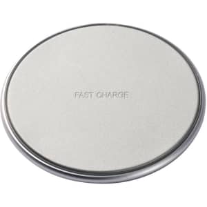 A round, silver fast wireless charger with a smooth surface. The charger features a branding logo in the centre.
