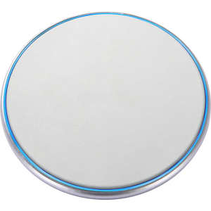 A round, silver-edged wireless charger with a smooth white surface and a blue light ring around the edge.