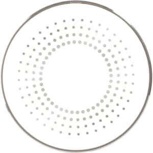 A round, silver wireless charger featuring a dotted design on a white surface. It has a sleek, modern look.