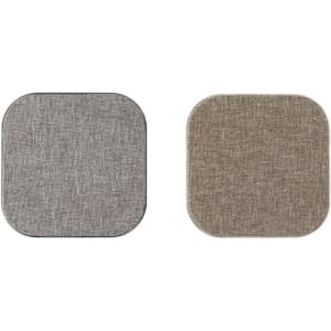 A square wireless charger in grey and beige hues, featuring a textured fabric surface and a logo.