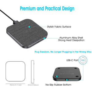 A square wireless charger with a stylish fabric surface, aluminium alloy shell, USB-C port, and a no-slip rubber bottom.