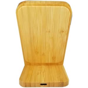 A wireless charger made of bamboo, featuring a sleek, natural wood design. It has a single charging surface and a connector port.