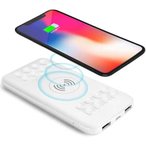 A wireless power bank in white, featuring a sleek design with a charging smartphone above it, illustrating charging capability.