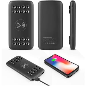 A black wireless power bank with a sleek design, featuring multiple charging ports and a logo.