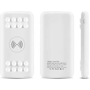 A white wireless power bank with a textured surface, featuring a logo and a slim profile.