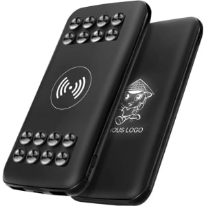 A black wireless power bank with a textured surface and a logo, featuring an 8000 mAh capacity.