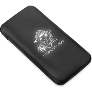 A black power bank with an engraved logo, featuring a sleek, modern design.