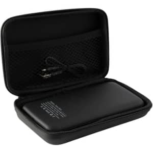 A black wireless power bank with an 8000 mAh capacity inside a protective case, featuring a pocket for accessories.