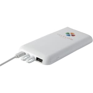 A white power bank with a logo and multiple charging ports, featuring a sleek, slim design.